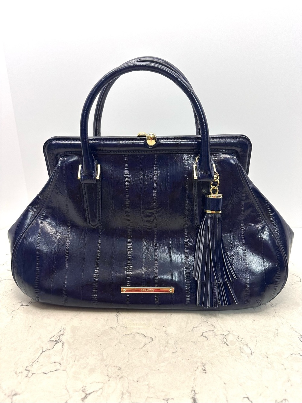 Brahmin Layla Dark Blue Structured Bag Embossed Eel Print Leather Magnetic Close